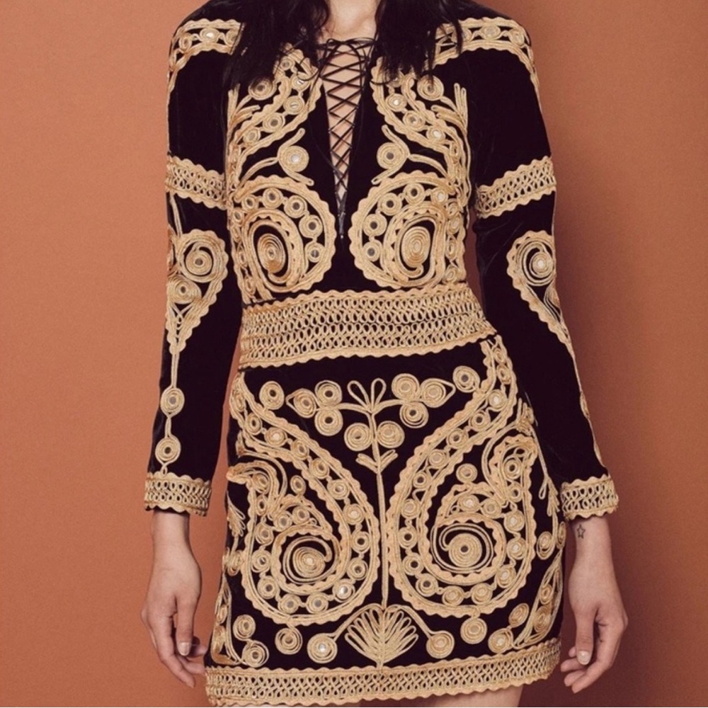 For love and Lemons gold and black dress